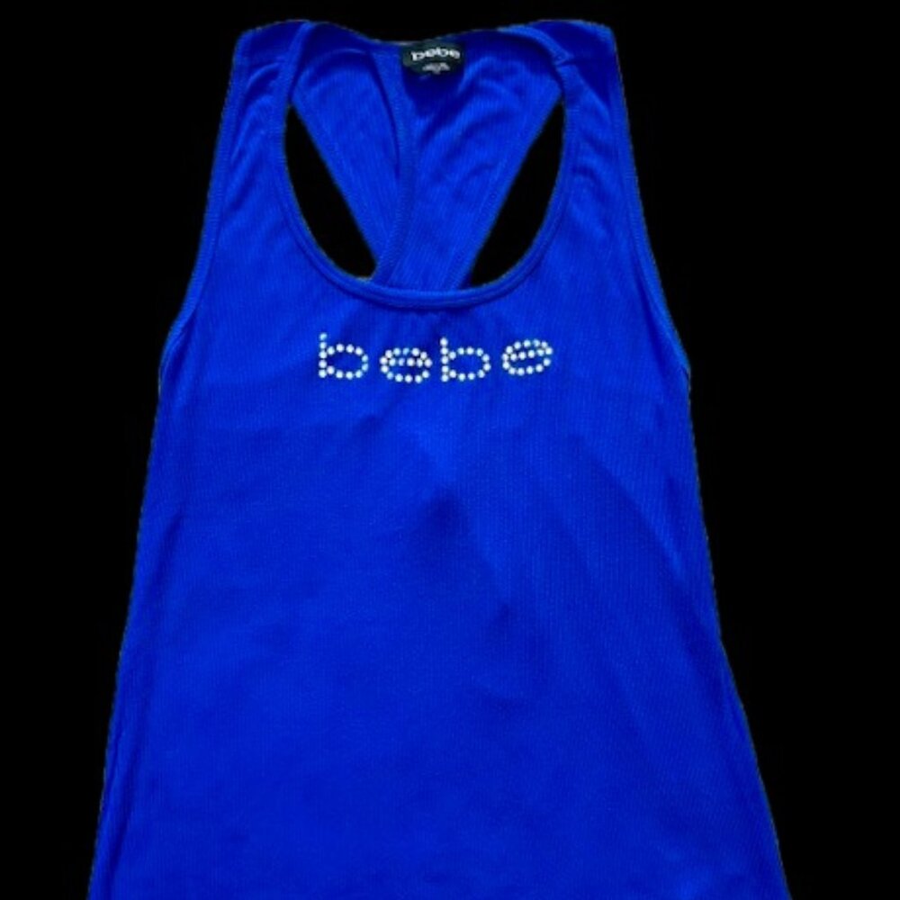 Bebe Ribbed Racerback Blue Rhinestone Tank Womens Size Large